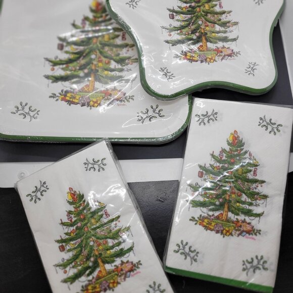 HUGE Spode Paper Plate Set Lot New Christmas Tree Dinner Dessert Napkins Holiday - Picture 1 of 9